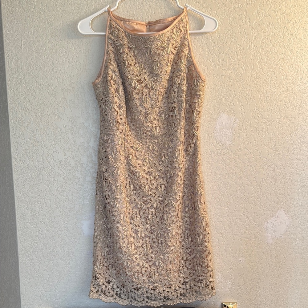Vintage Jessica McClintock Cream Gold Lace High Neck Halter Dress- Gold